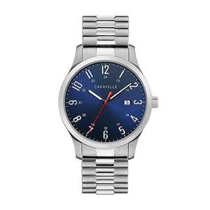 Mens Silver-Tone Stainless Steel Expansion Watch Dark Blue Dial