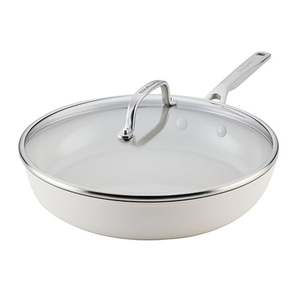 12.25" Hard Anodized Ceramic Induction Fry Pan w/ Lid, Porcelain White
